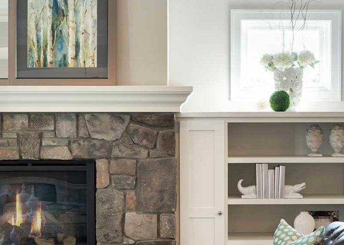 Detail shot of fire place and shelving in great room