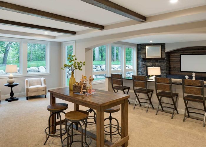 Basement den with variety of seating