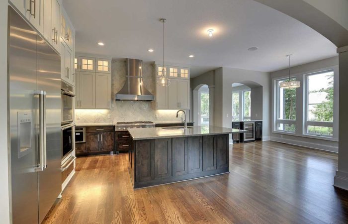 Modern kitchen with white and dark wood cabinets
