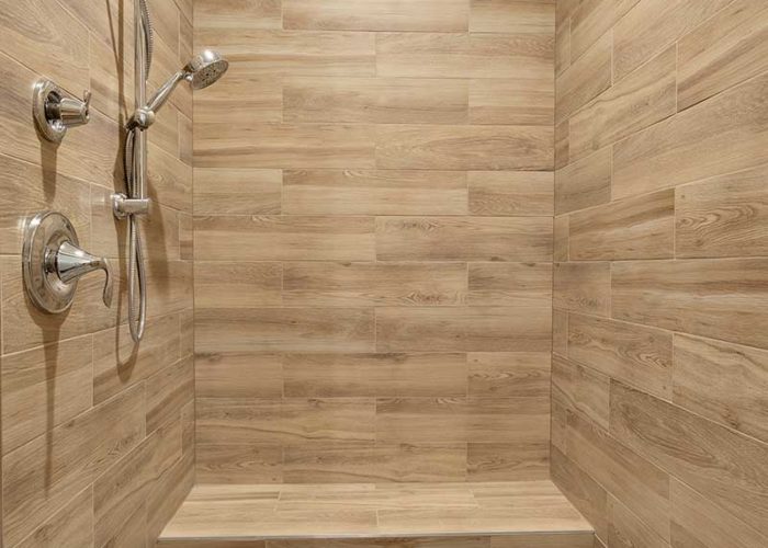 Wood tile in walk in shower