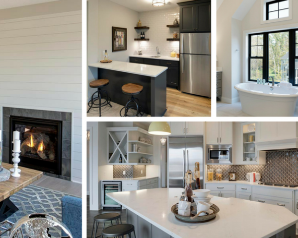 Collage of home fireplace, bar, bath, and kitchen spaces